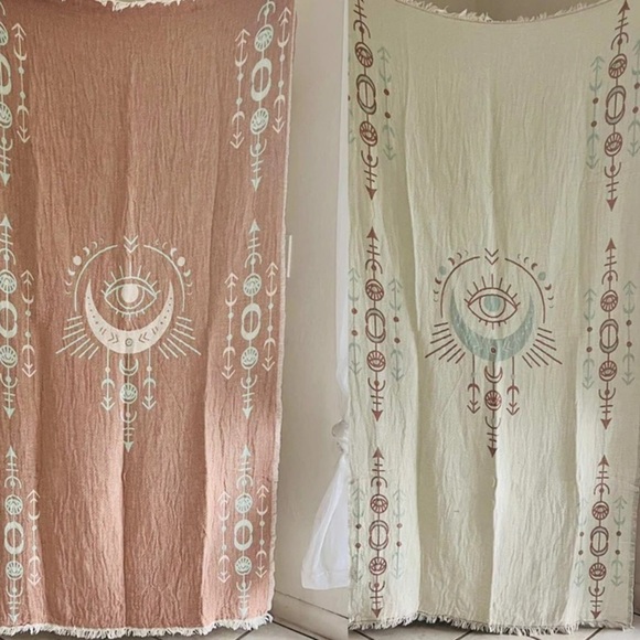 Bohemian Shower Curtain Set of 2 Moon Stars Eye Design Clay Woven Organic Cotton